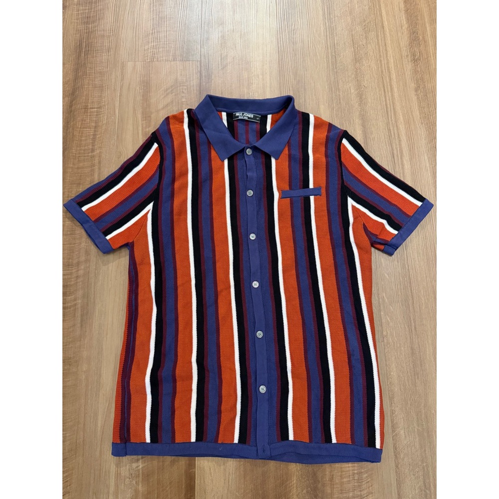 Paul Jones Knit Shirt Mens Large Orange Blue Vertical Stripe Button Up Polo